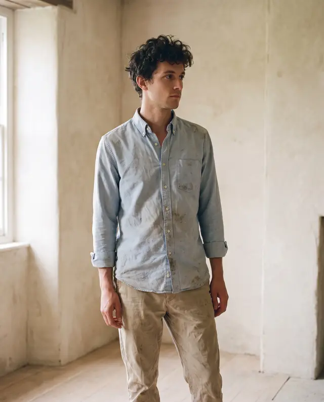 Camicia Oxford azzurro polvere, indossato