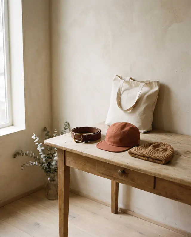Cappello terracotta, cintura in cuoio, berretto e tote in tela su un tavolo di legno