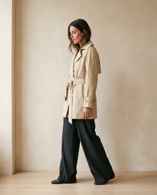 Donna con trench corto sabbia e pantalone ampio antracite