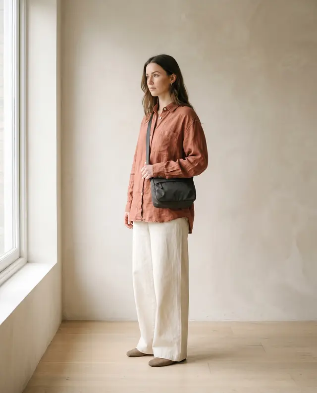 Donna con camicia in lino terracotta e borsa a tracolla