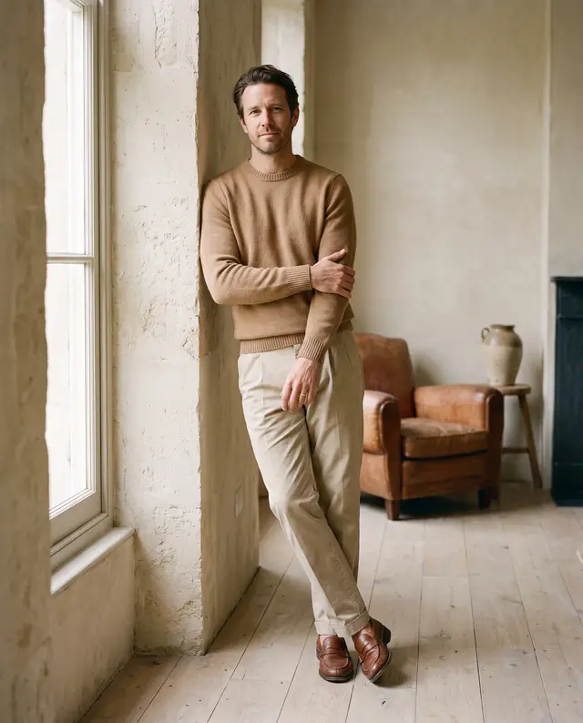 Uomo con maglia in merino cammello e chino sabbia