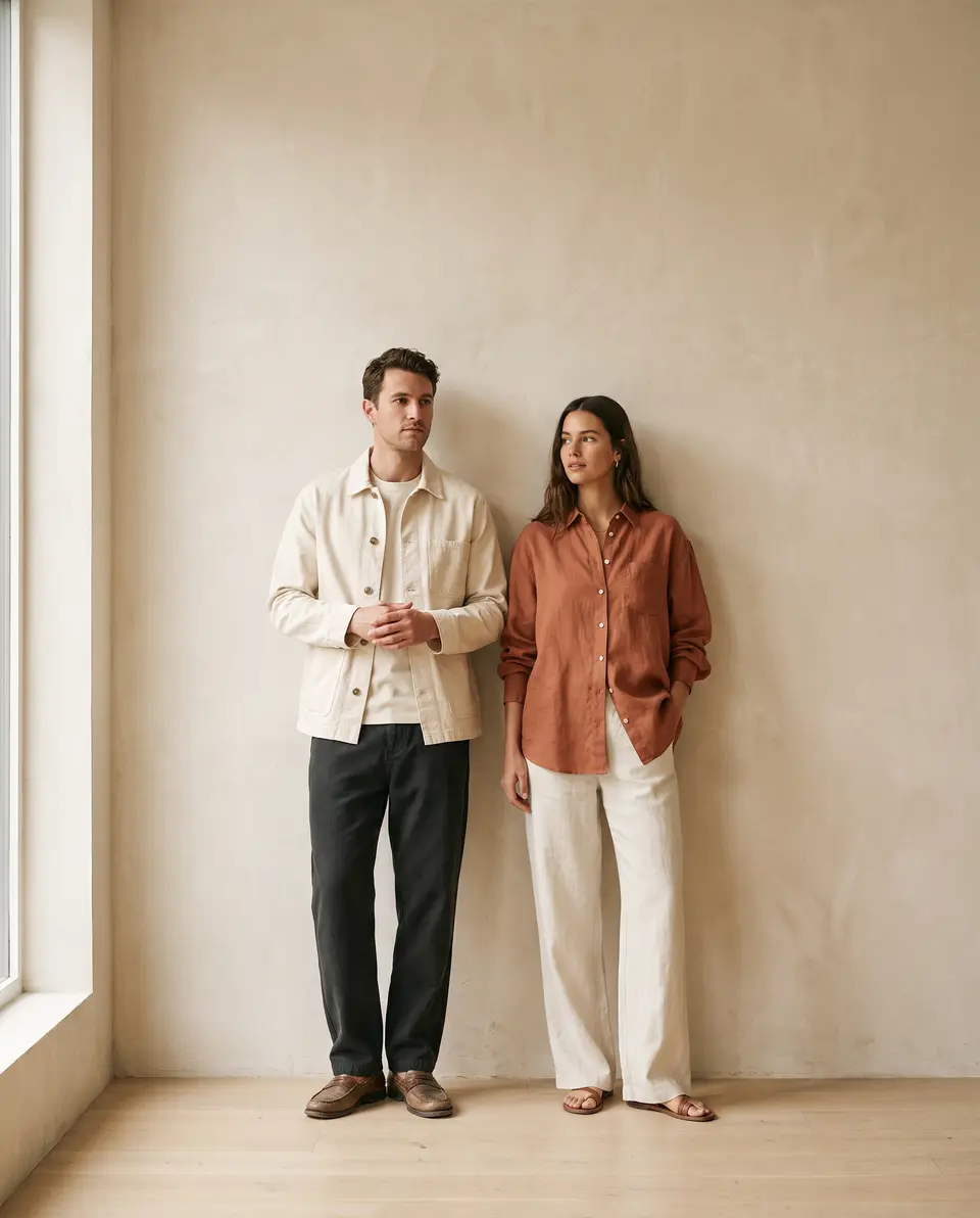 Due modelli con la Giacca da Lavoro ecru e la Camicia in Lino terracotta, in uno studio luminoso