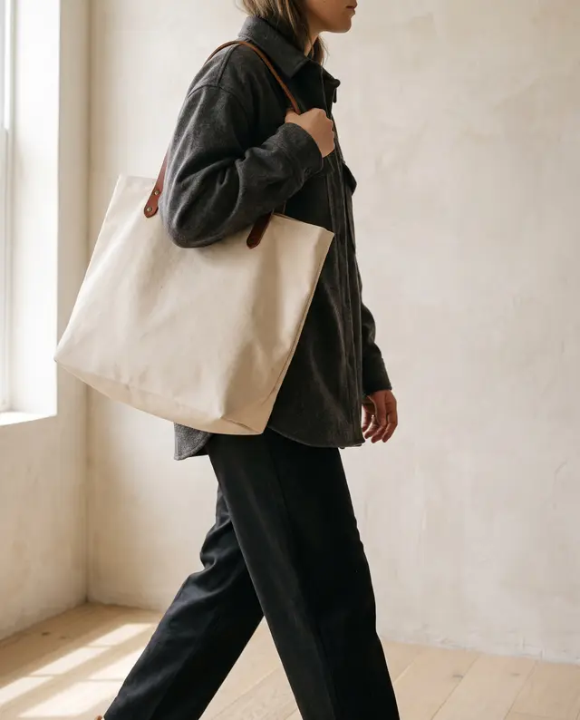 Tote in Tela ecru, indossato